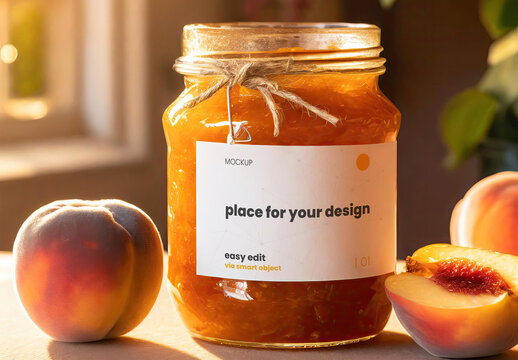 Home made Peach Jam Jelly Jar Label Mockup 02 Gerenative Ai