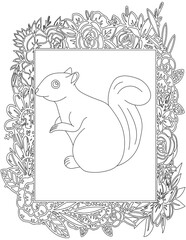 Squirrel in A Floral Frame Coloring Page. Printable Coloring Worksheet for Kids. Educational Resources for School and Preschool.