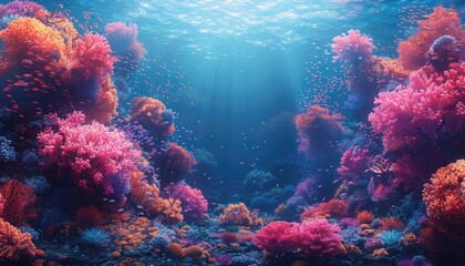 Concept art of an underwater habitat with coral reefs and marine life thriving, ecology preservation, side view