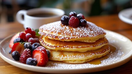 gourmet pancake recipe, delicious fluffy cottage cheese pancakes topped with powdered sugar, served with fresh berries a nutritious breakfast choice