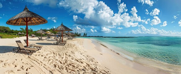 Panoramic view of Mauritius beach with chairs and umbrellas, popular luxury resort