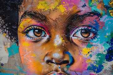colorful graffiti mural depicting young girls face on urban city street street art concept