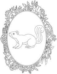 Squirrel in A Floral Frame Coloring Page. Printable Coloring Worksheet for Kids. Educational Resources for School and Preschool.
