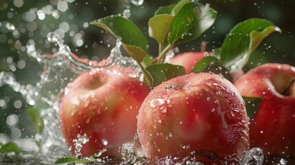 Close-up of apple and green leaf splash