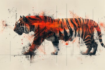 A captivating artistic representation of a tiger with bold, dynamic splashes symbolizing energy and wilderness