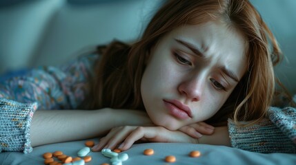 A teenage girl is overdosing on pharmaceutical pills meant for pain relief or healing from illness
