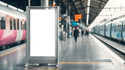 Blank advertising mockup board for advertisement at the train platform  or A mockup poster stands within a train station