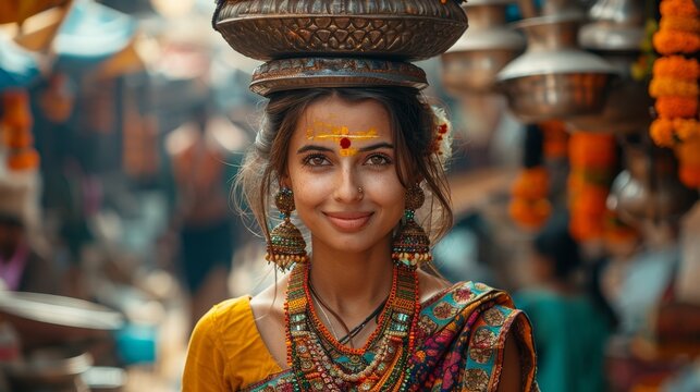indian pot carrier, indian woman wearing a bindi gracefully carries colorful metal pots atop her head in busy marketplace, symbolizing strength and resilience