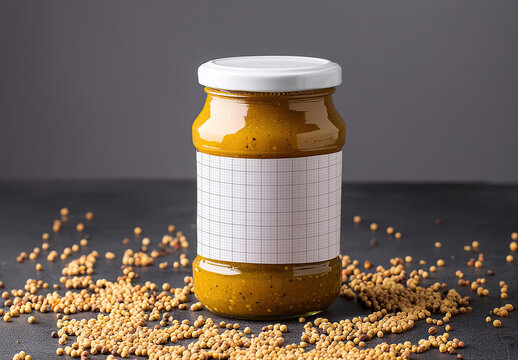 Dijon ancient mustard jar label mockup with grains around 01 Generative Ai