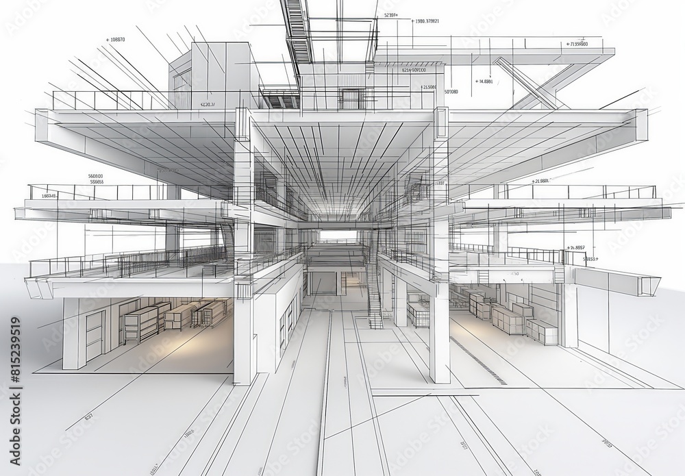Poster industrial building wireframe rendering with architectural and construction details