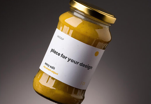 Floating Mustard jar label mockup dark background 01 Generative Ai