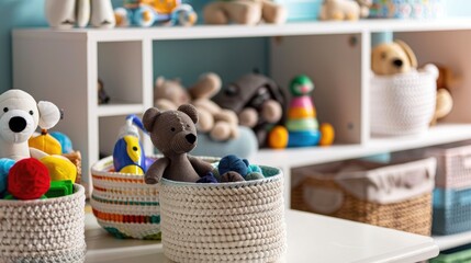 Stylish cloth baskets hold toys and rag dolls on the table while toy storage baskets keep things tidy in the children s room Discover some smart organizing and storage ideas for the nursery