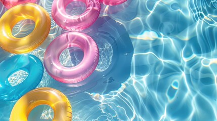 Vivid inflatable rings bob in a sun kissed swimming pool set against a backdrop of crystal clear water The top view offers ample space for additional elements