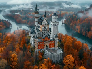 Medieval fortress surrounded by fall foliage from above