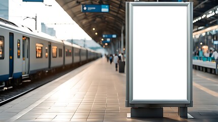  Blank advertising mockup board for advertisement at the train platform  or A mockup poster stands within a train station