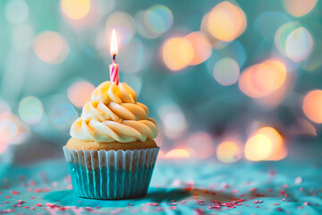 Birthday cupcake with candle on bokeh lights background.