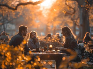 Fototapeta premium Happy family having picnic in a bright park