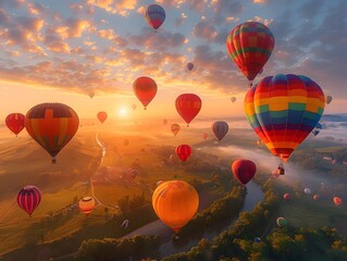 Naklejka premium Hot air balloons floating at festival from above