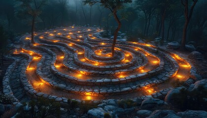 Conceptual art of a labyrinth with questions at the entrance and answers at the center, aerial view, twilight