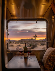 A view from inside an aluminum airstream style RV camper travel trailer - mountains and a sunset over Joshua tree are visible in the window, a bottle of red wine with two glasses sits at the table