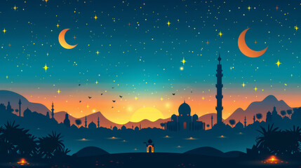 Fantastical depiction of an Arabian landscape at night with stars, crescent moons, and a silhouette of a mosque.