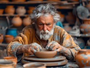 Clay shaping by potter in old-style studio - Powered by Adobe