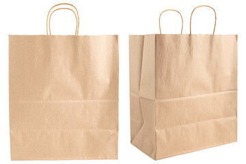 Paper bag. Kraft paper shopping bag. Brown folded paper bag with handle. Empty grocery paper bag. Recycled carton package for supermarket. High quality and resolution photo. Isolated background 
