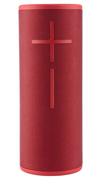 Sound bluetooth speaker. Round red cylinder outside loudspeaker. Outdoor boombox for sound of music. Portable electronic for radio. Volume control for musical sound. Mobile amplifier. White isolated.