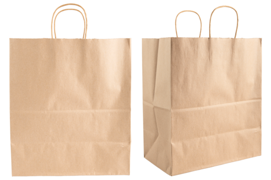 Paper bag. Kraft paper shopping bag. Brown folded paper bag with handle. Empty grocery paper bag. Recycled carton package for supermarket. High quality and resolution photo. Isolated background 