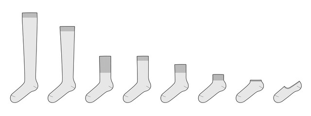 Set of socks length - low cut, high ankle, crew, mid calf, knee, over thigh. Fashion accessory clothing technical illustration stocking. Vector side view for Men, women, unisex style, flat template