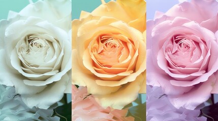 The delicate beauty of macro roses is captured in soft pastel hues ranging from mauve pink and sunny yellow to Tiffany blue green and deep ultraviolet purple This enchanting palette evokes 