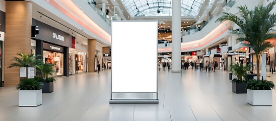  Blank advertising mockup for advertisement at the shopping mall or A mockup poster stands within a shopping Centre mall