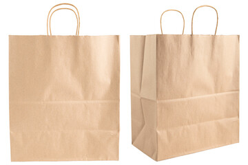 Paper bag. Kraft paper shopping bag. Brown folded paper bag with handle. Empty grocery paper bag....