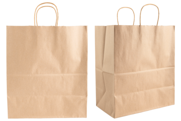 Paper bag. Kraft paper shopping bag. Brown folded paper bag with handle. Empty grocery paper bag. Recycled carton package for supermarket. High quality and resolution photo. Isolated background 