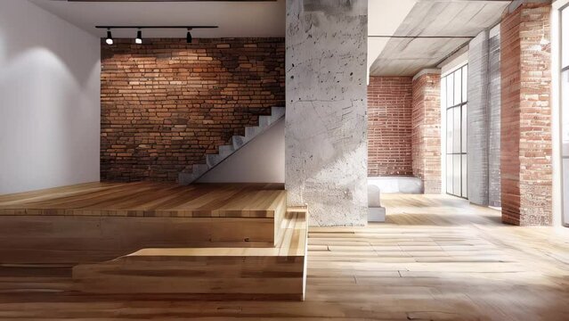 Modern loft interior with exposed brick and hardwood floors