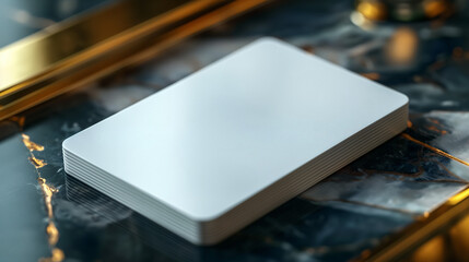 A white card elegantly placed on a luxurious marble table, creating a striking contrast between purity and opulence