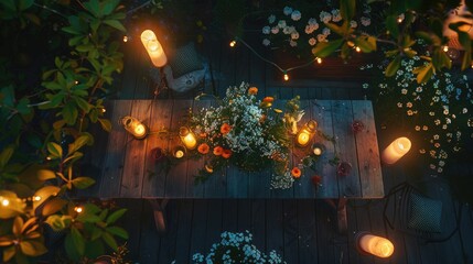 A wooden table adorned with candles, flowers, and an orange houseplant in a beautiful circular...