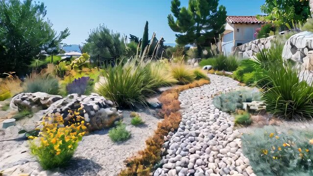 Mediterranean-style garden with dry landscape design featuring gravel pathways and drought-tolerant plants
