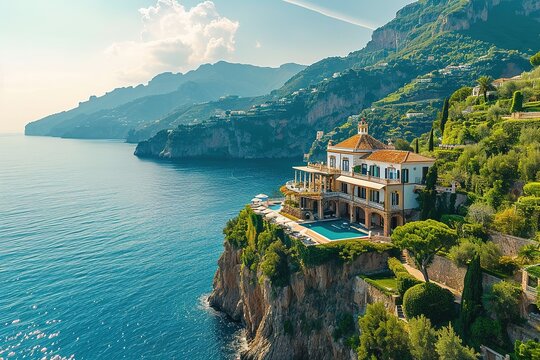  Luxurious villa nestled along the breathtaking Amalia Coast of Italy, with panoramic views of the sparkling Mediterranean Sea and cliff side terraces