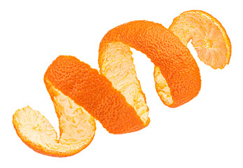 Twisted orange peel isolated on white background, full depth of field