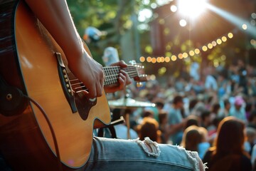 Close-up of musician playing acoustic guitar on stage during live concert.