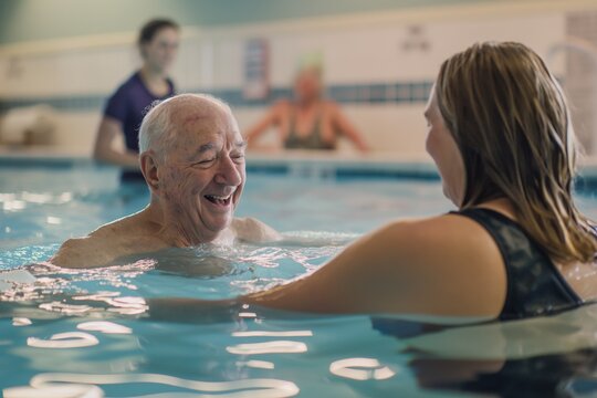 Physical therapist working with senior patient in the pool