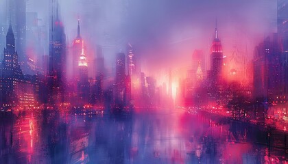 Digital art of a blurred pastel cityscape, merging realities, abstract form, twilight lighting