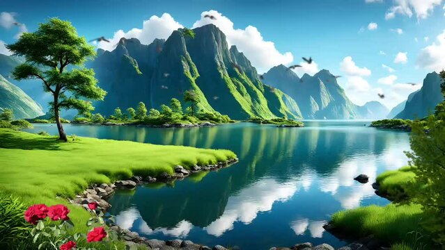lake and mountains seamless looping animation video