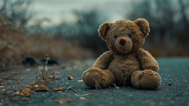 On International Missing Children s Day a forlorn and abandoned brown Teddy bear rests outside looking lonely and neglected on the side of the road