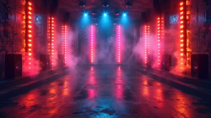 3D rendering room with sound Speakers and glowing neon lights