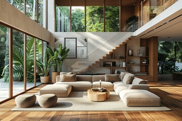 Fototapeta premium Modern living room with mezzanine 3d rendering image.There are wooden floor decorate wall with groove. Furnished with brown fabric furniture. There are large windows look out to see the nature,