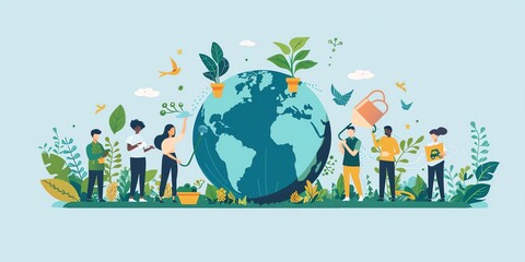 environment day, flat design, Recycling symbol, people, volunteers standing watering planet earth with ecofriendly water cans