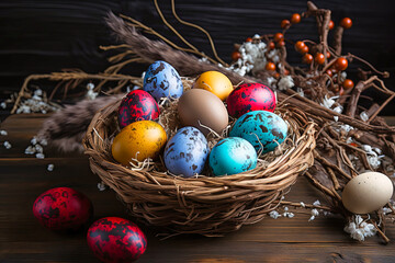 Basket of Colored Eggs on Wooden Table