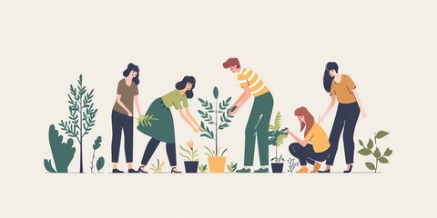 environment, flat design, community planting trees to stop climate change
